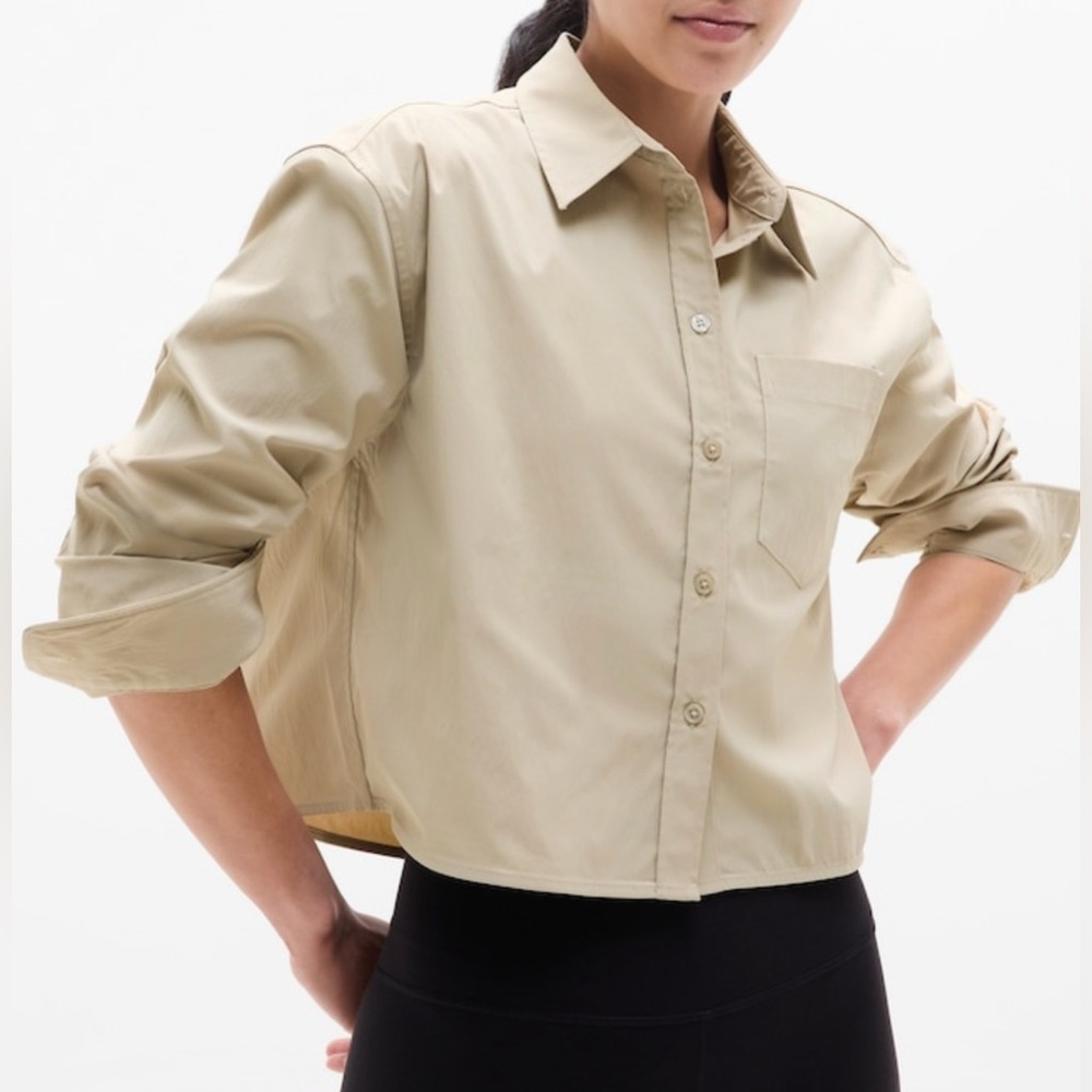 Athleta Midday Cropped Poplin Shirt NWT Size L Ecru Tan UPF 40+ NWT - Picture 1 of 10